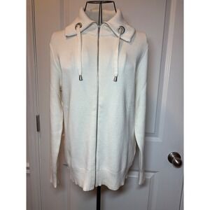 Liz Claiborne Cream White 100% Cotton Full Zip Drawstring Collar Sweater Large